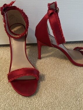 MIX No.6 RED SATIN FRINGE TRIM RAYANE HEELS - SIZE 8.5